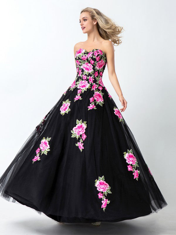 Black Sweetheart Flower Appliques Long A Line Tulle Prom Dress,Evening Dresses OKA69