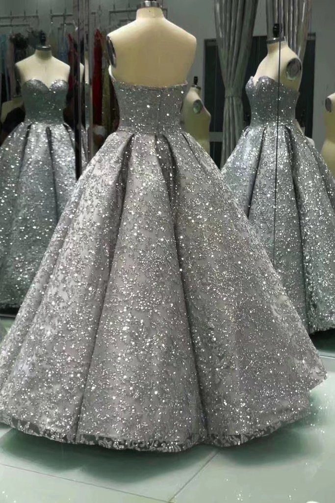 Sweetheart Gray Sleeveless Long Ball Gowns Shiny Sequin Prom Dresses OK841