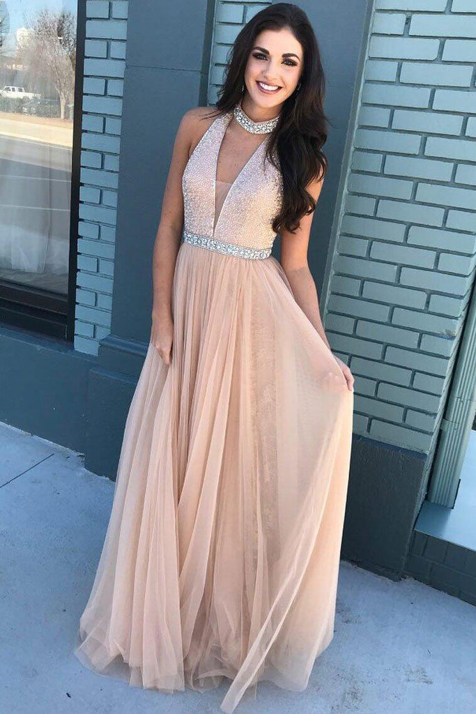 Pink Beaded Bodice High Neck Long Tulle Prom Dress,A-Line Long Evening Dresses OK786