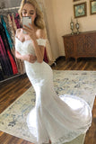 Beautiful Lace Mermaid Wedding Dress Off the Shoulder Lace Up Back Bridal Dress OKV36