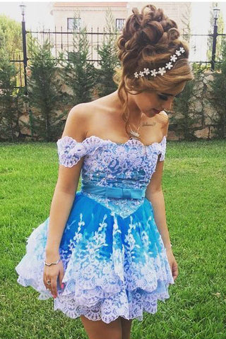 Off Shoulder Lace Appliques Short Prom Gown, Cute Homecoming Dress OKC44