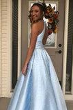 Light Blue Jewel Open Back Long Prom Dress with Pearls A-line Sleeveless Formal Dress OKU15