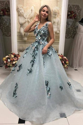 A Line V Neck Long Prom Gowns With Appliques Formal Evening Dress OKL31