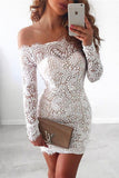 White Homecoming Dress,Lace Homecoming Gown,Bodice Prom Dresses,Mini Dress,Off the Shoulder Prom Dress,Long Sleeves Dress,Sexy Cocktail Dresses,Cocktail Party Dresses