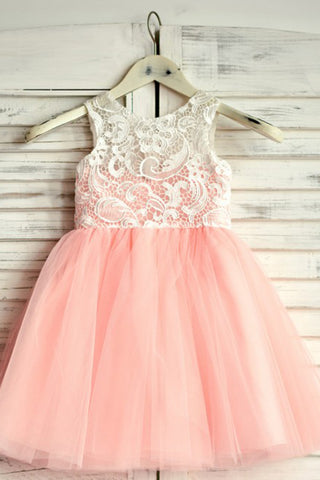 A-Line Round Neck Floor-Length Pink Flower Girl Dresses with Lace OKP19