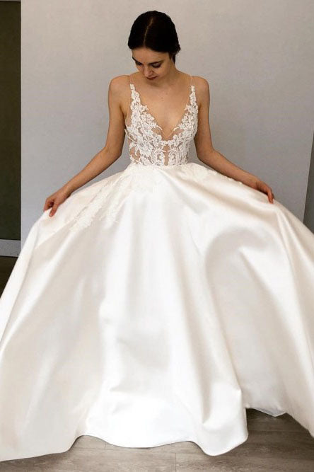 A-line Deep V-Neck Floor-Length Satin Wedding Dress with Lace Appliques OKR42