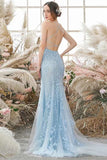 Sky Blue Long Mermaid Lace Appliques Prom Dress With Rhinestones OKW66