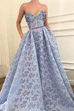 Stunning A-line Sweetheart Light Blue Lace Prom Dress with Pockets Beading OKQ95