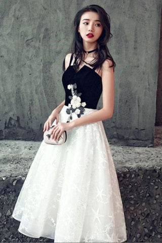 Elegant Black and White Short A-Line Lace Homecoming Dresses OKD39