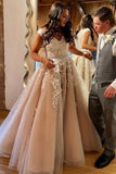 Charming A-line V Neck Long Prom Dress with White Appliques Formal Party Dress OKU17