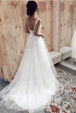 Elegant Tulle Wedding Dress Deep V-Neck Sleeveless Chapel Train A-line Applique Bridal Dress OKW23