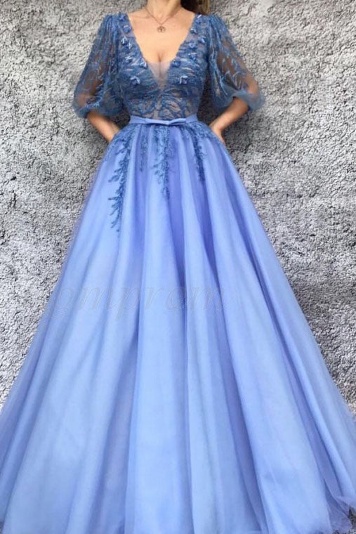 A-line V-Neck Half Sleeves Tulle Prom Dress with Appliques OKQ94