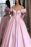 Pink Puffy Sleeves Satin Prom Dress A-line Long Party Evening Dress With Pockets OKV68