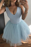 Lovely V-Neck Light Blue Tulle Homecoming Dress A-Line Party Dress Sleeveless Graduation Dress OK1549