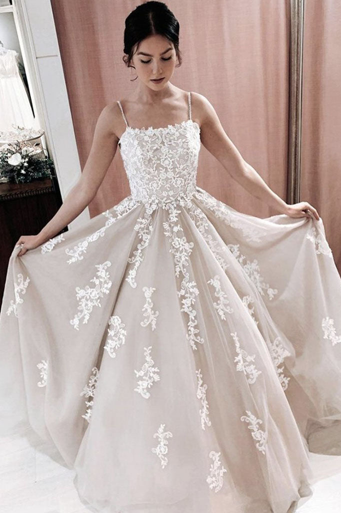 Spaghetti Straps Lace Appliques Wedding Dress Lace Long Prom Formal Dress OKX54