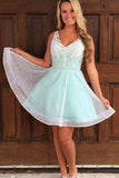 A-line V-neck White Fishing Net Lace Appliques Short Homecoming Dress OKB74